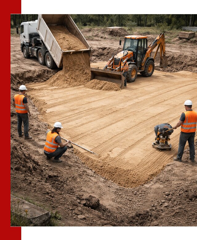 Устройство песчаной подушки для фундаментов и дорог в Холмске